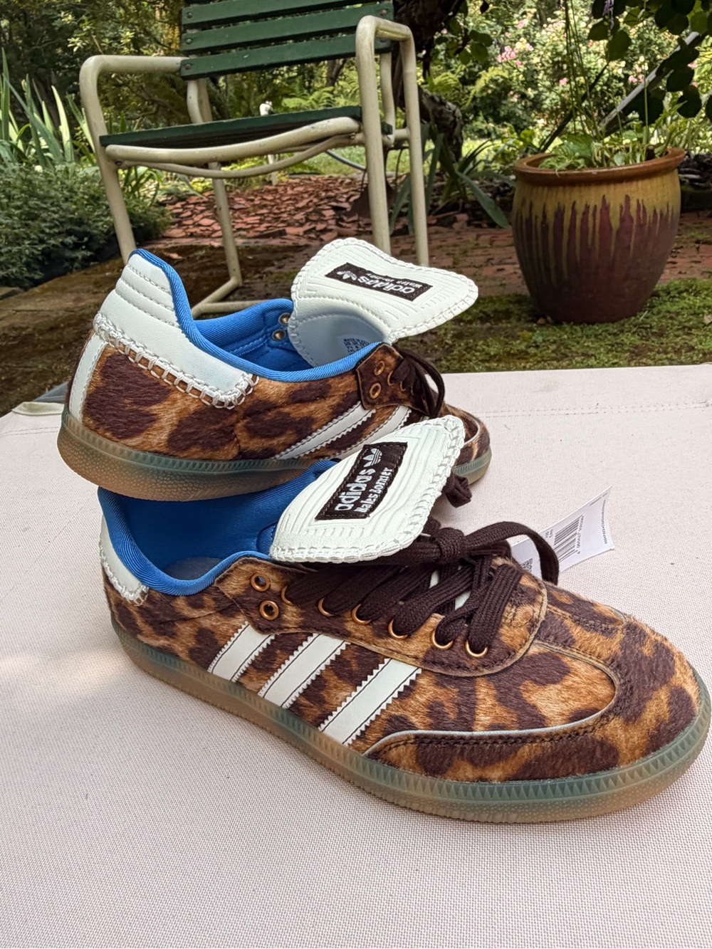 adidas Originals Leopard Print Sneakers with White Stripes and Blue Lining